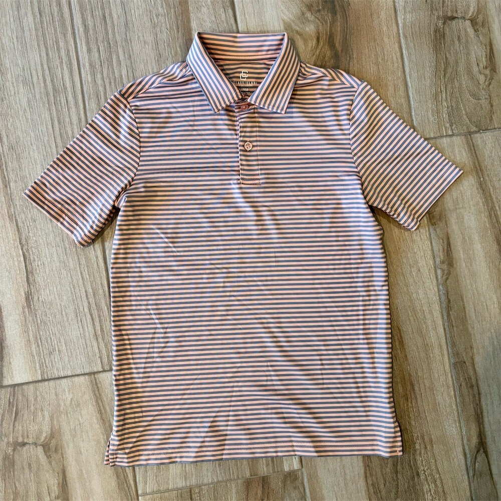 The Classic Club Boys Polo Shirt Size 10/12 Blue Peach Striped Golf Preppy